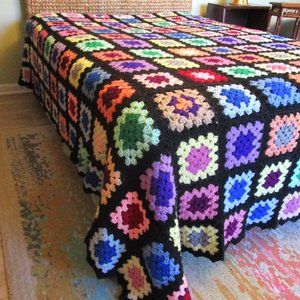 Huge Granny Squares Hand Crochet Afghan Bedspread Blanket Wool